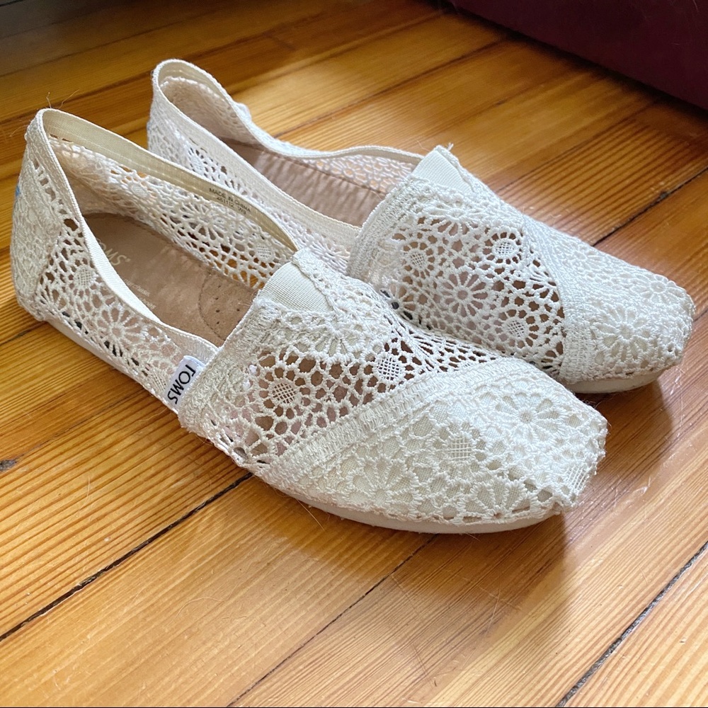 Toms women’s slip on shoes, white crocheted